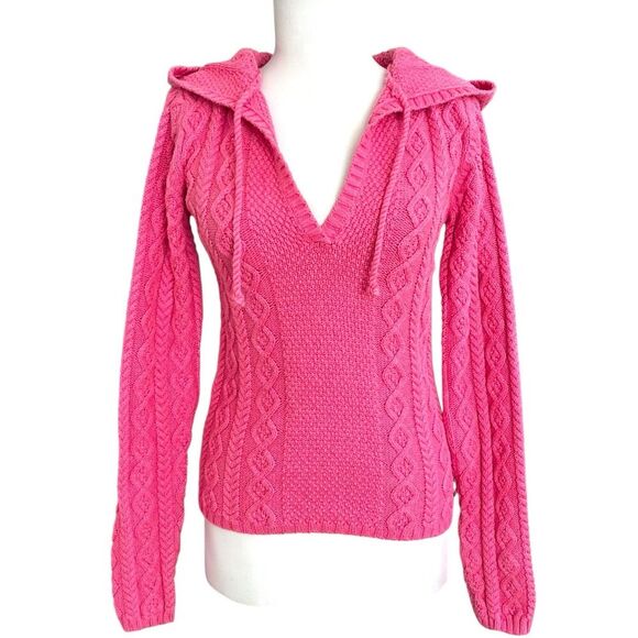 Ralph Lauren Polo Jeans Y2K Cable Knit Hooded Sweater S Fitted Fisherman cabin - Picture 1 of 11